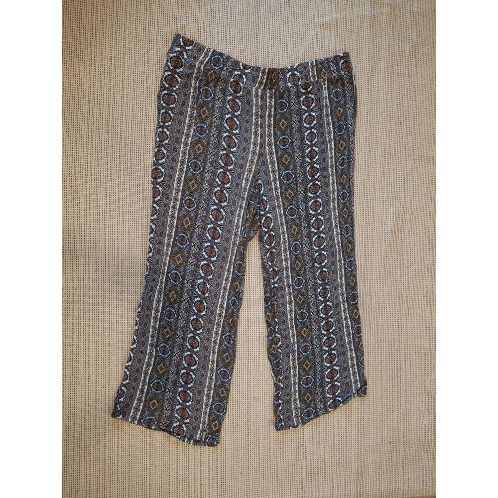 ALYX Women’s 2X Boho Print Wide Leg Pants Pull On Rayon Blue Brown